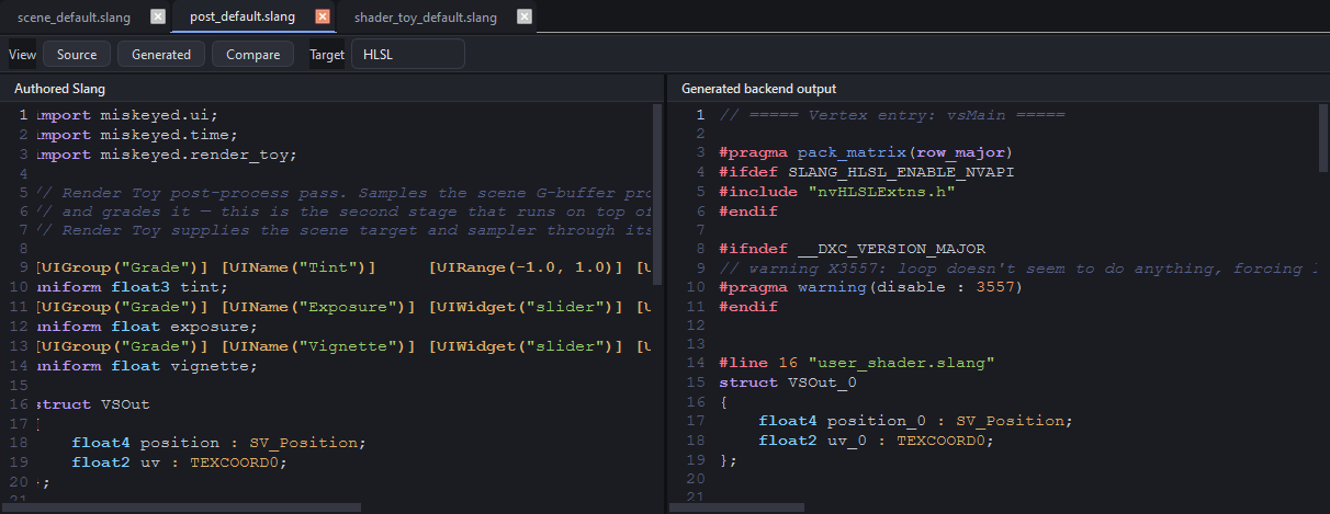 Focused Compare editor with authored Slang and generated HLSL side by side