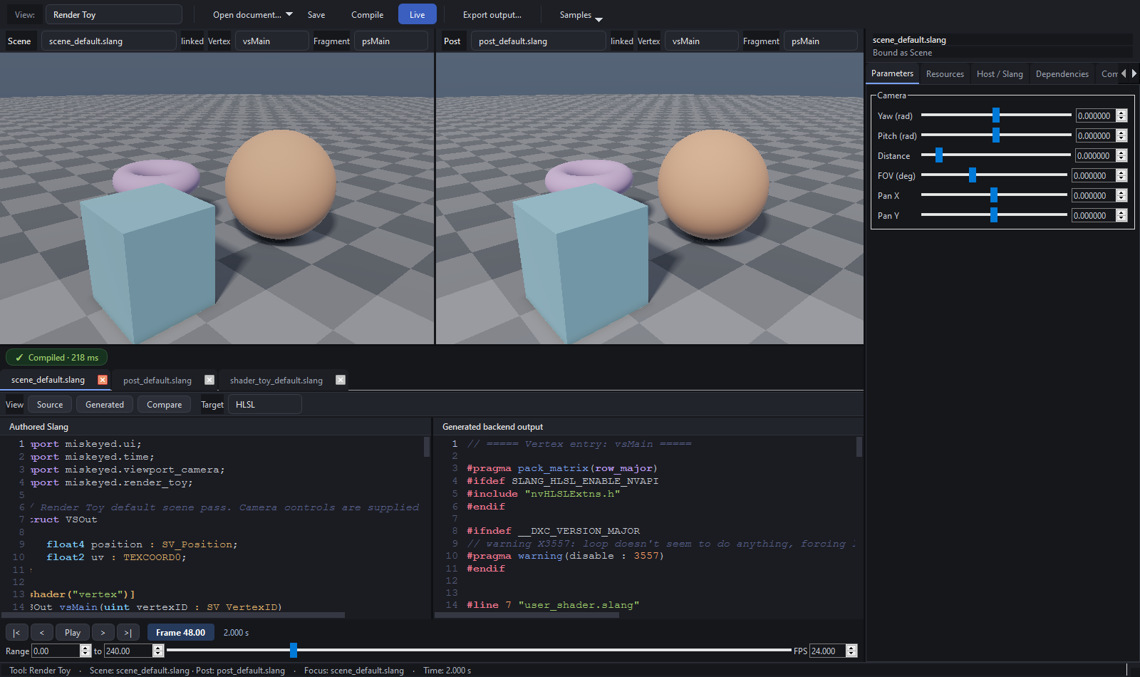 Whole Workbench application showing viewport, workspace, Inspector, and timeline