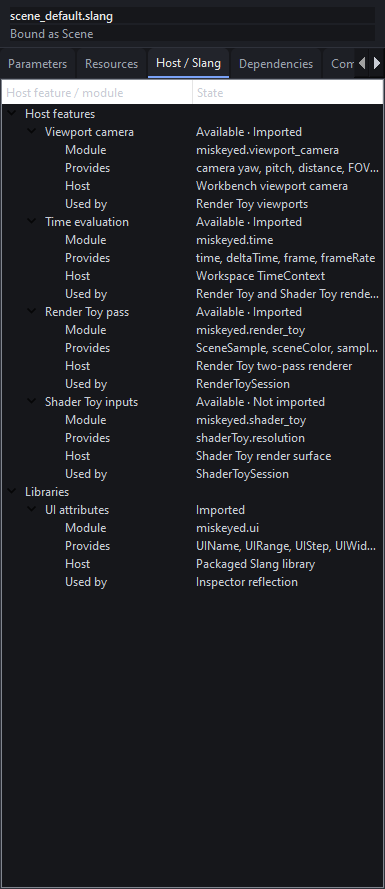 Focused Host and Slang Inspector showing available host contracts and focused-document import state