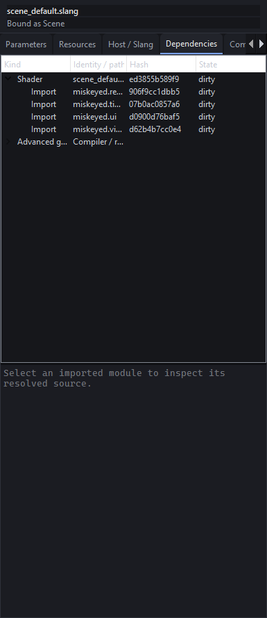 Focused Dependencies Inspector showing the authored shader and resolved imports
