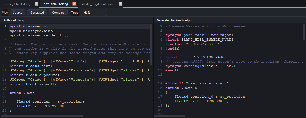 Focused Compare editor with authored Slang and generated HLSL side by side
