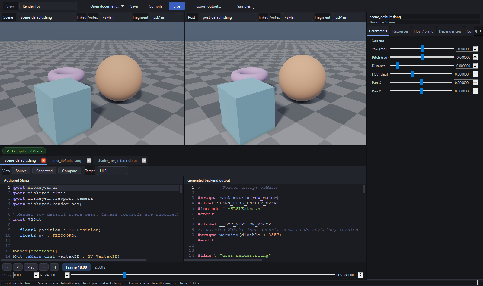 Whole Workbench application showing viewport, workspace, Inspector, and timeline